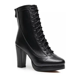 Aadijay Latin Dance Shoes - Black Vegan Leather Lace Up Platform Boot (Rubber Sole).