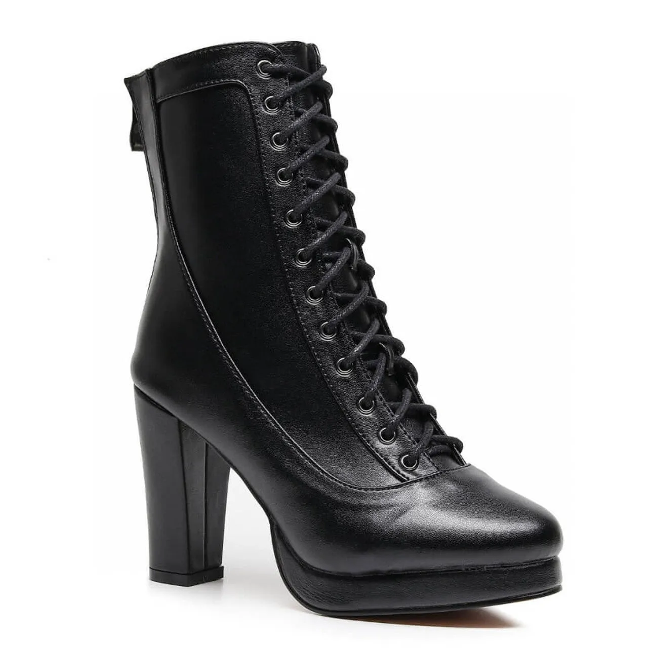 Aadijay Latin Dance Shoes - Black Vegan Leather Lace Up Platform Boot (Rubber Sole).