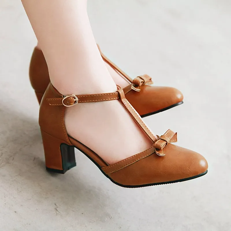 Butterfly Knot, T-Strap Round Toe 6.5cm High Pumps (5 colors)