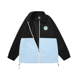 Contrasting color patchwork monogrammed logo badge drawstring hem jacket