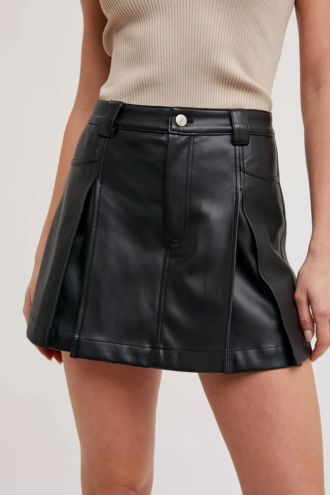 Front Pleated Faux Leather Skort