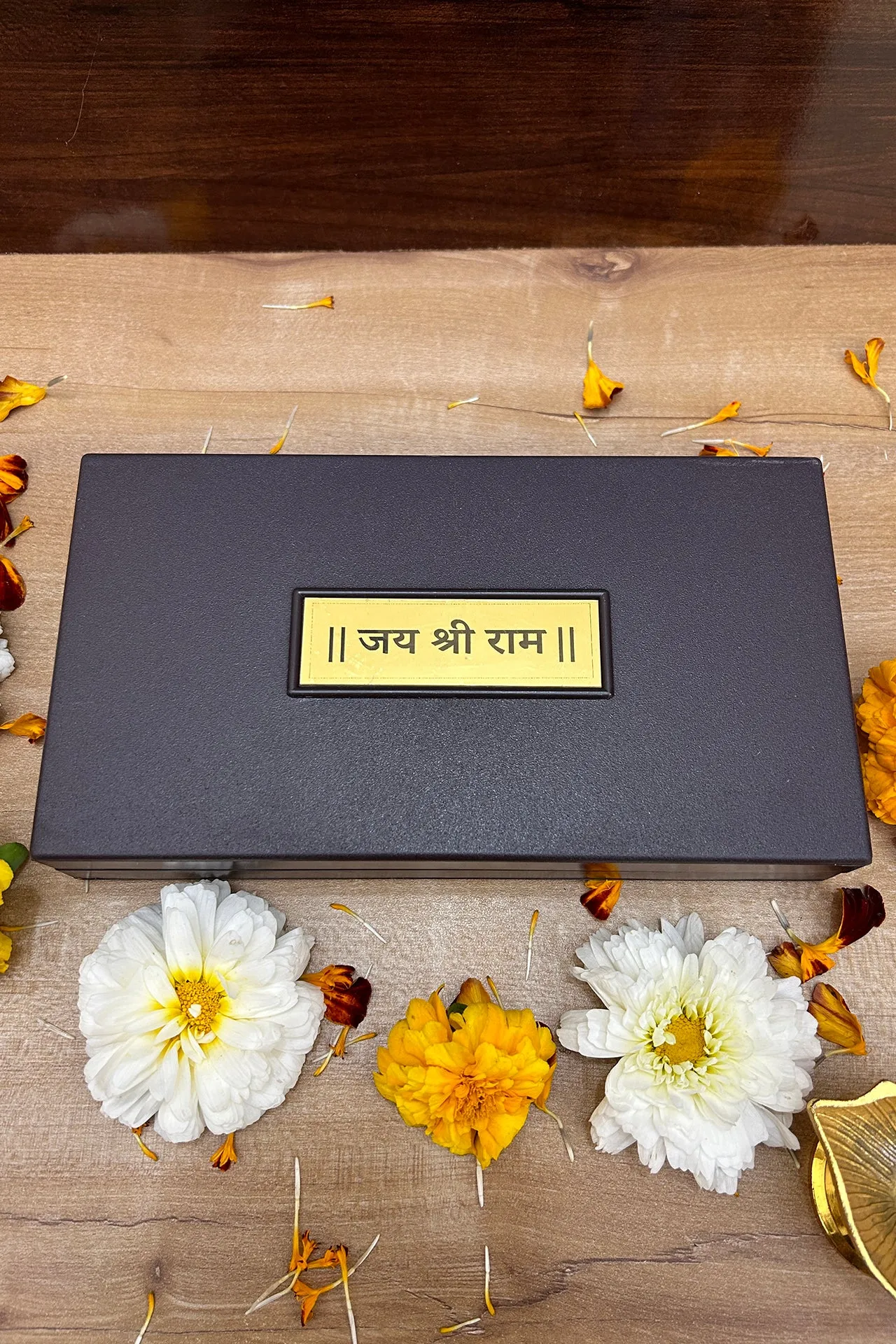 Gold Foil Jai Shree Ram with Charan Paduka with Shloka with Acrylic Box Pack Of 1 Color Brown Devotional Prayer Box Footprint