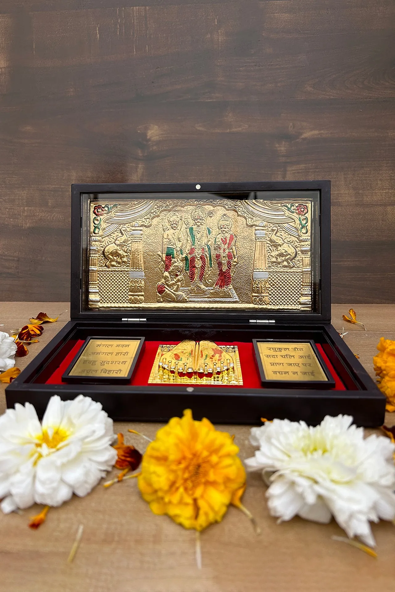 Gold Foil Jai Shree Ram with Charan Paduka with Shloka with Acrylic Box Pack Of 1 Color Brown Devotional Prayer Box Footprint