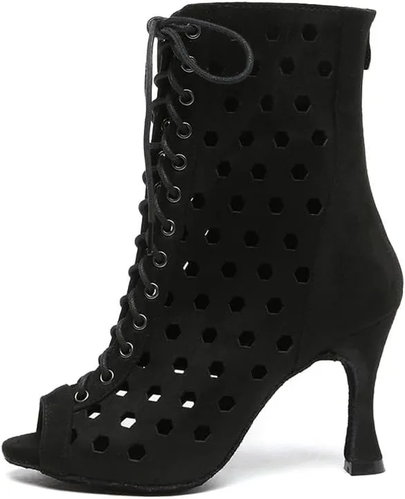 HIPPOSEUS Women's Latin Salsa Dance Booties Hollow Out Ballroom Salsa Dance Heels Peep Toe,Model L574