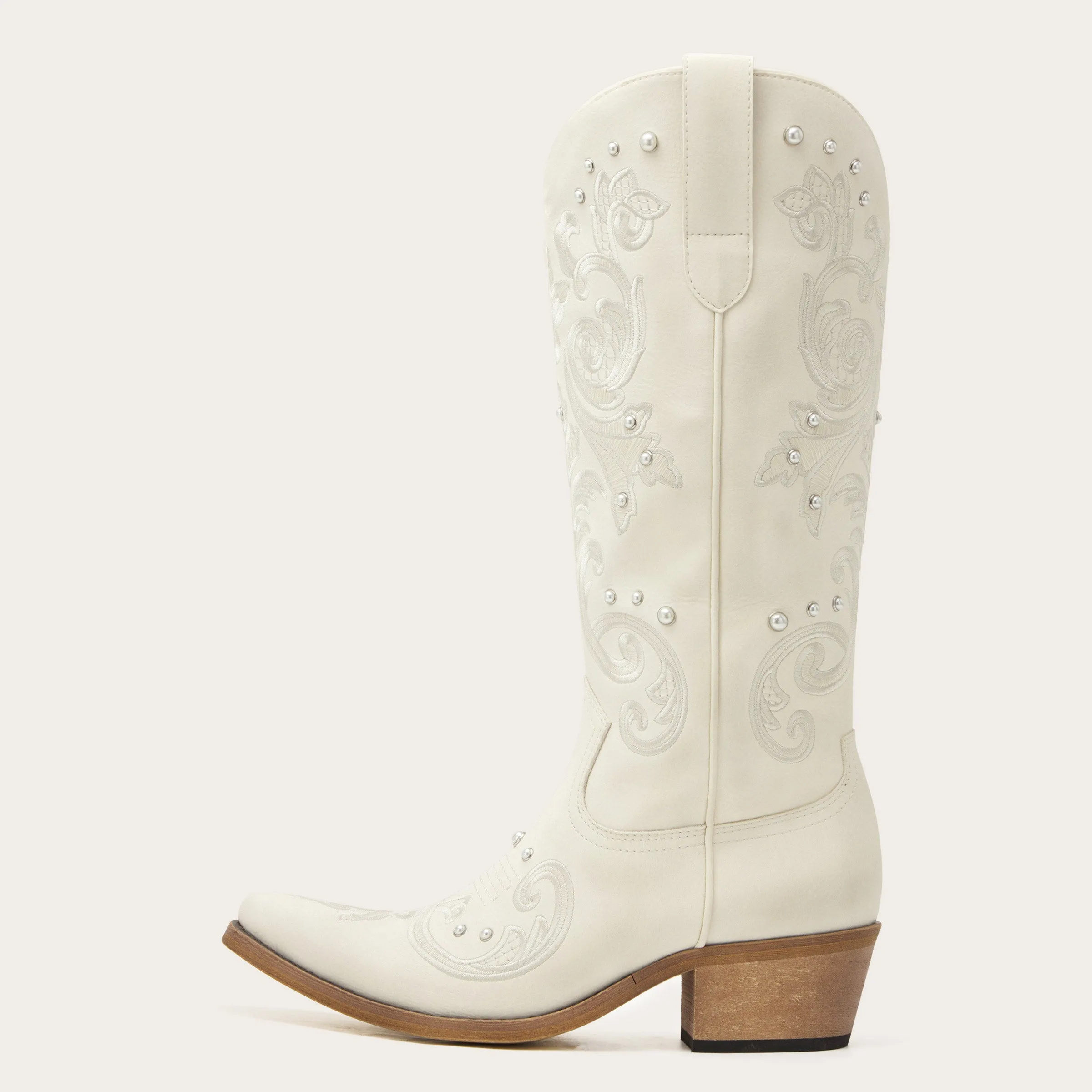 Missie - Embroidered Ivory Cowgirl Boots with Pearls and Swirls
