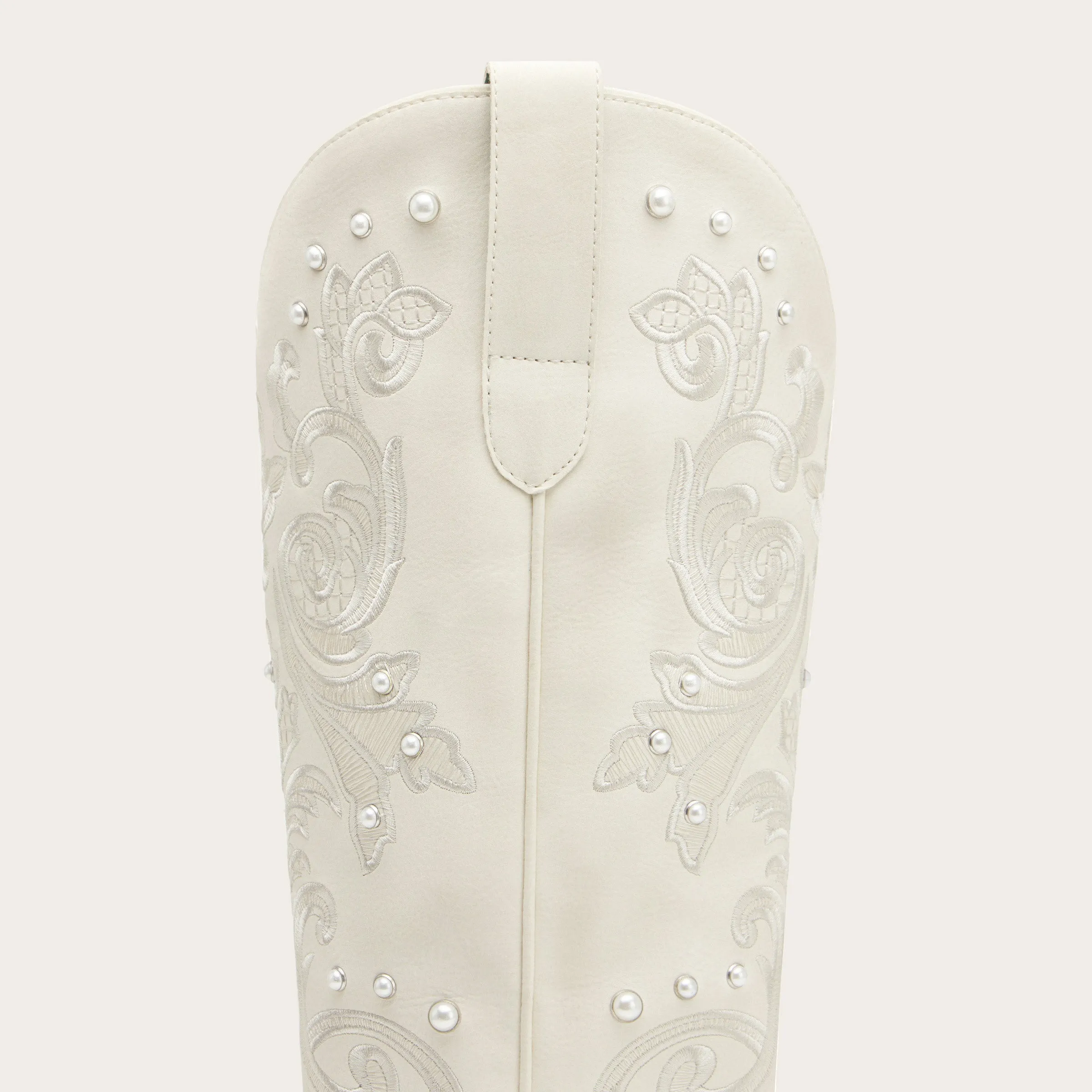 Missie - Embroidered Ivory Cowgirl Boots with Pearls and Swirls