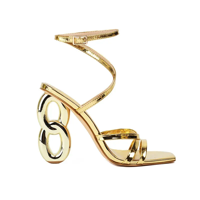 Novelty Golden High Heel Sandals for Women – Designer Fretwork, Narrow Band, Square Toe, Elegant Trendy Walking Shoes