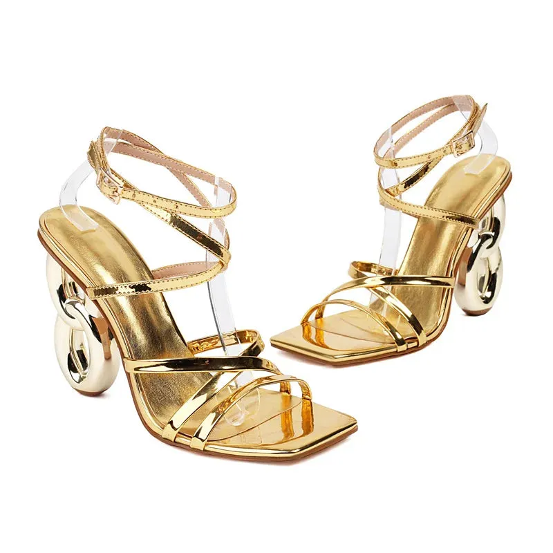 Novelty Golden High Heel Sandals for Women – Designer Fretwork, Narrow Band, Square Toe, Elegant Trendy Walking Shoes