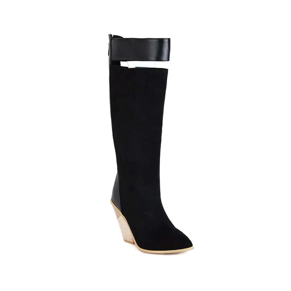 Paisley Pattern Super High Wedge Heel Knee-Length Boots Oversized Pointed Toe Zip Fabric Stitching Microfiber Shoes