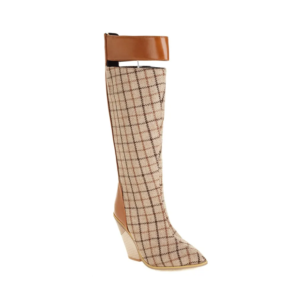 Paisley Pattern Super High Wedge Heel Knee-Length Boots Oversized Pointed Toe Zip Fabric Stitching Microfiber Shoes