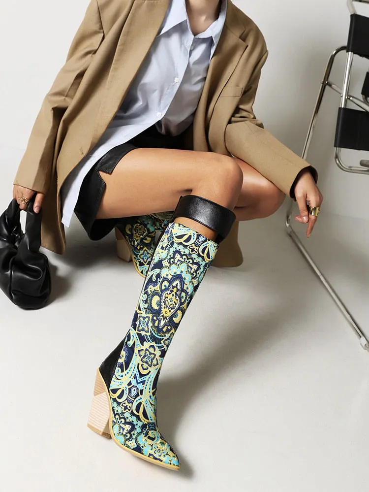 Paisley Pattern Super High Wedge Heel Knee-Length Boots Oversized Pointed Toe Zip Fabric Stitching Microfiber Shoes