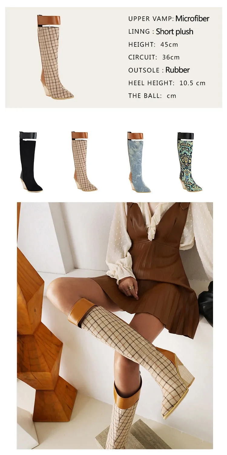 Paisley Pattern Super High Wedge Heel Knee-Length Boots Oversized Pointed Toe Zip Fabric Stitching Microfiber Shoes