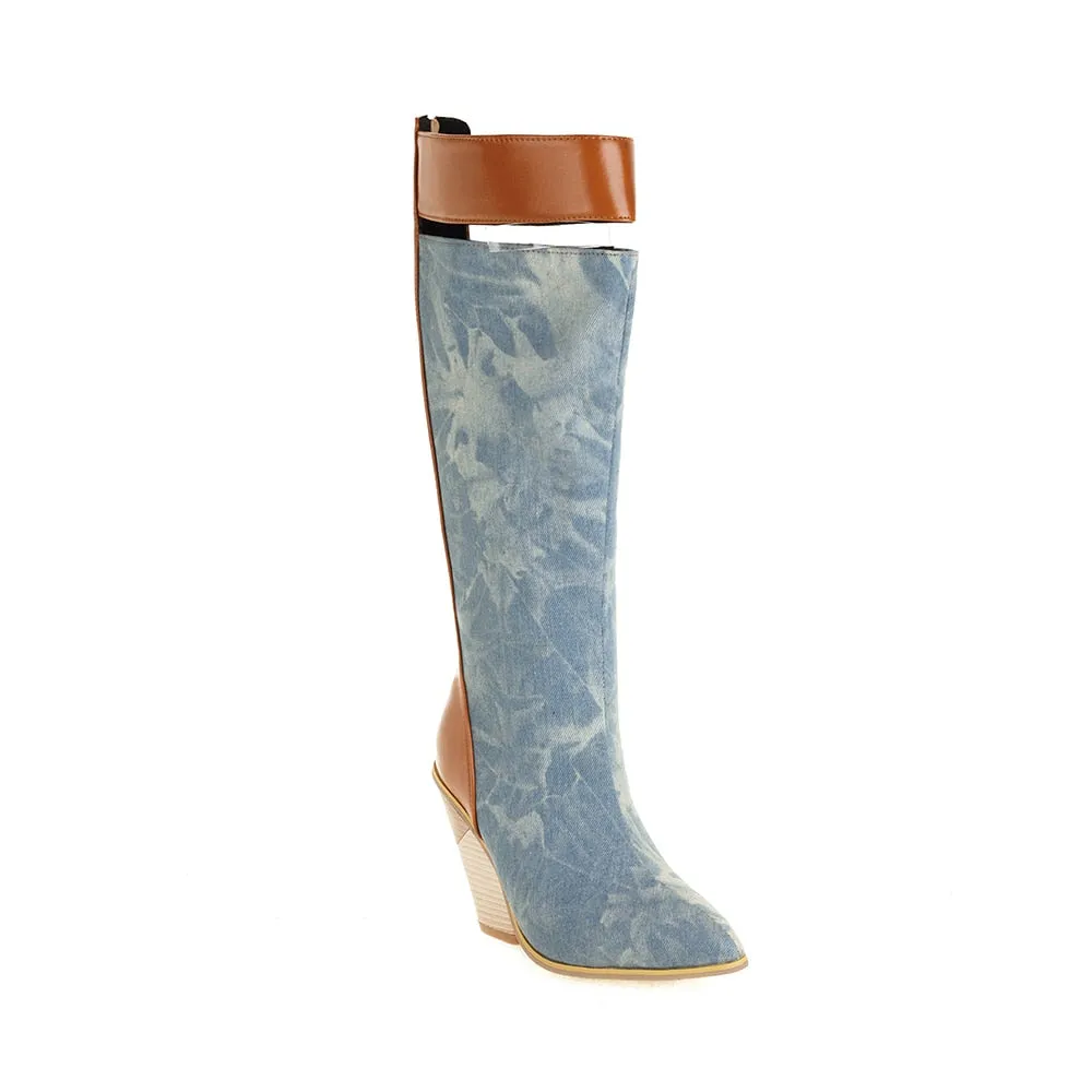 Paisley Pattern Super High Wedge Heel Knee-Length Boots Oversized Pointed Toe Zip Fabric Stitching Microfiber Shoes