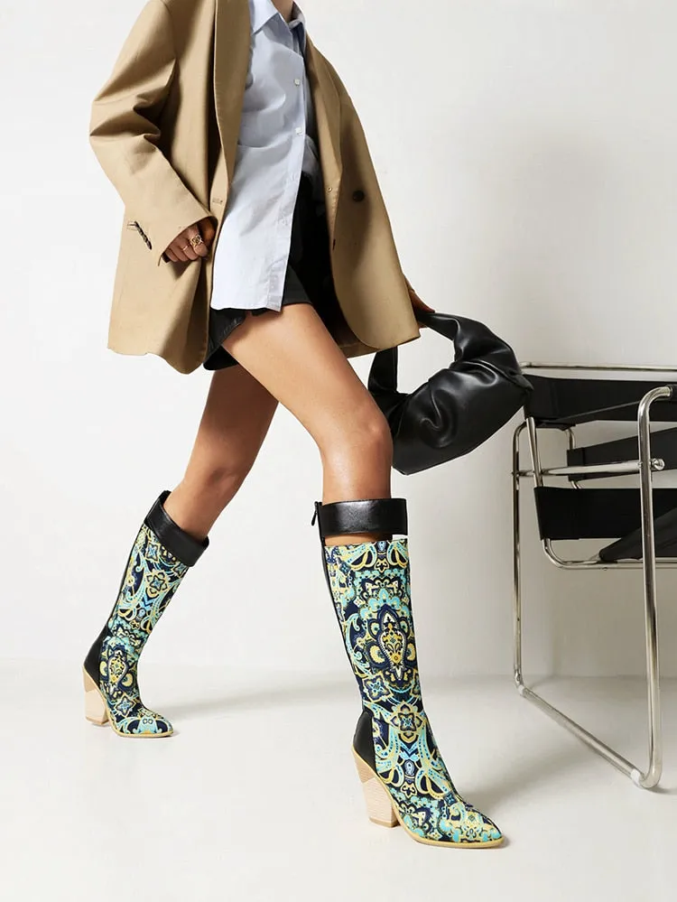 Paisley Pattern Super High Wedge Heel Knee-Length Boots Oversized Pointed Toe Zip Fabric Stitching Microfiber Shoes