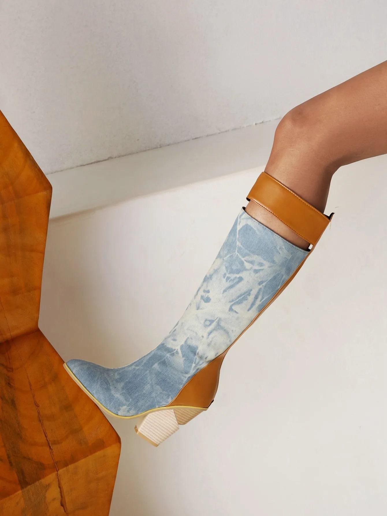 Paisley Pattern Super High Wedge Heel Knee-Length Boots Oversized Pointed Toe Zip Fabric Stitching Microfiber Shoes