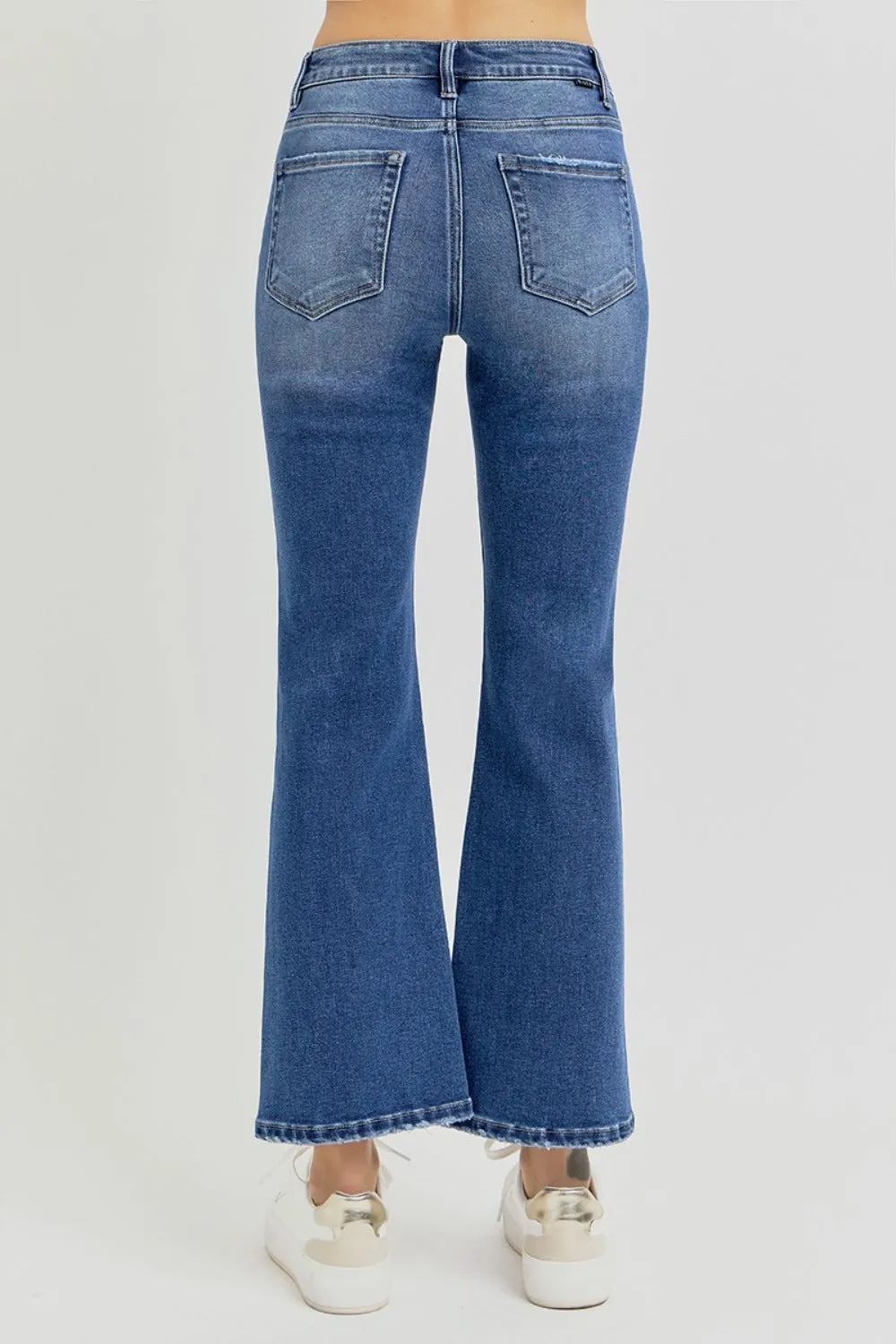 RISEN High Rise Distressed Crop Flared Leg Blue Denim Jeans