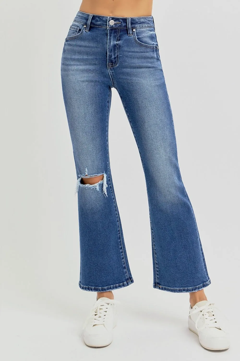 RISEN High Rise Distressed Crop Flared Leg Blue Denim Jeans