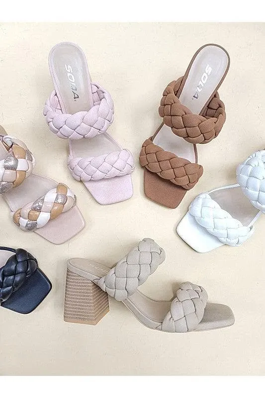 SODA Buggy Braided Strap Mule Heels, Taupe