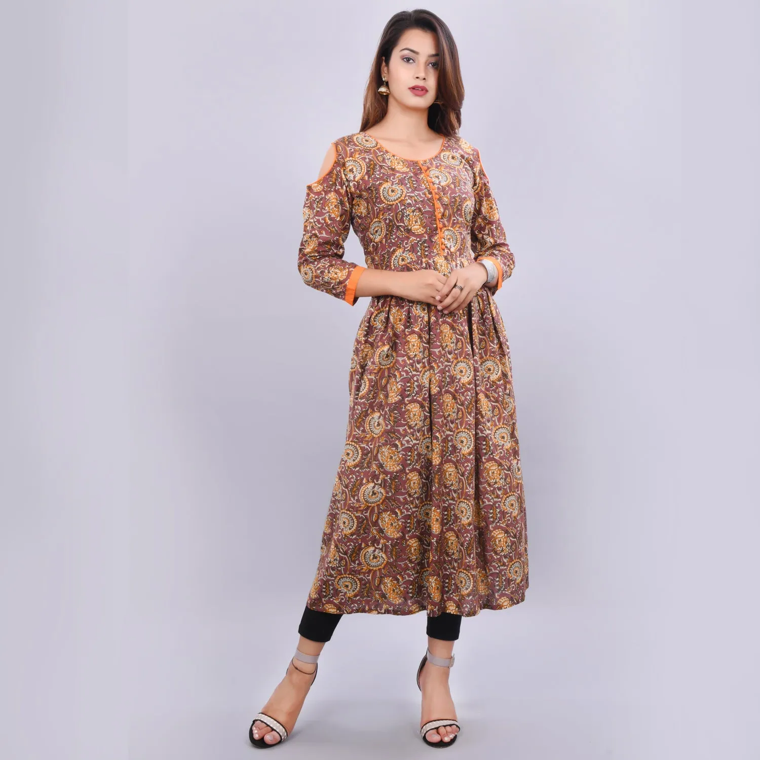 Vedana Women's Cotton Kalamkari Print Cold Shoulder Kurti