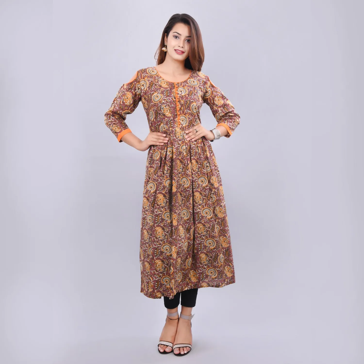 Vedana Women's Cotton Kalamkari Print Cold Shoulder Kurti