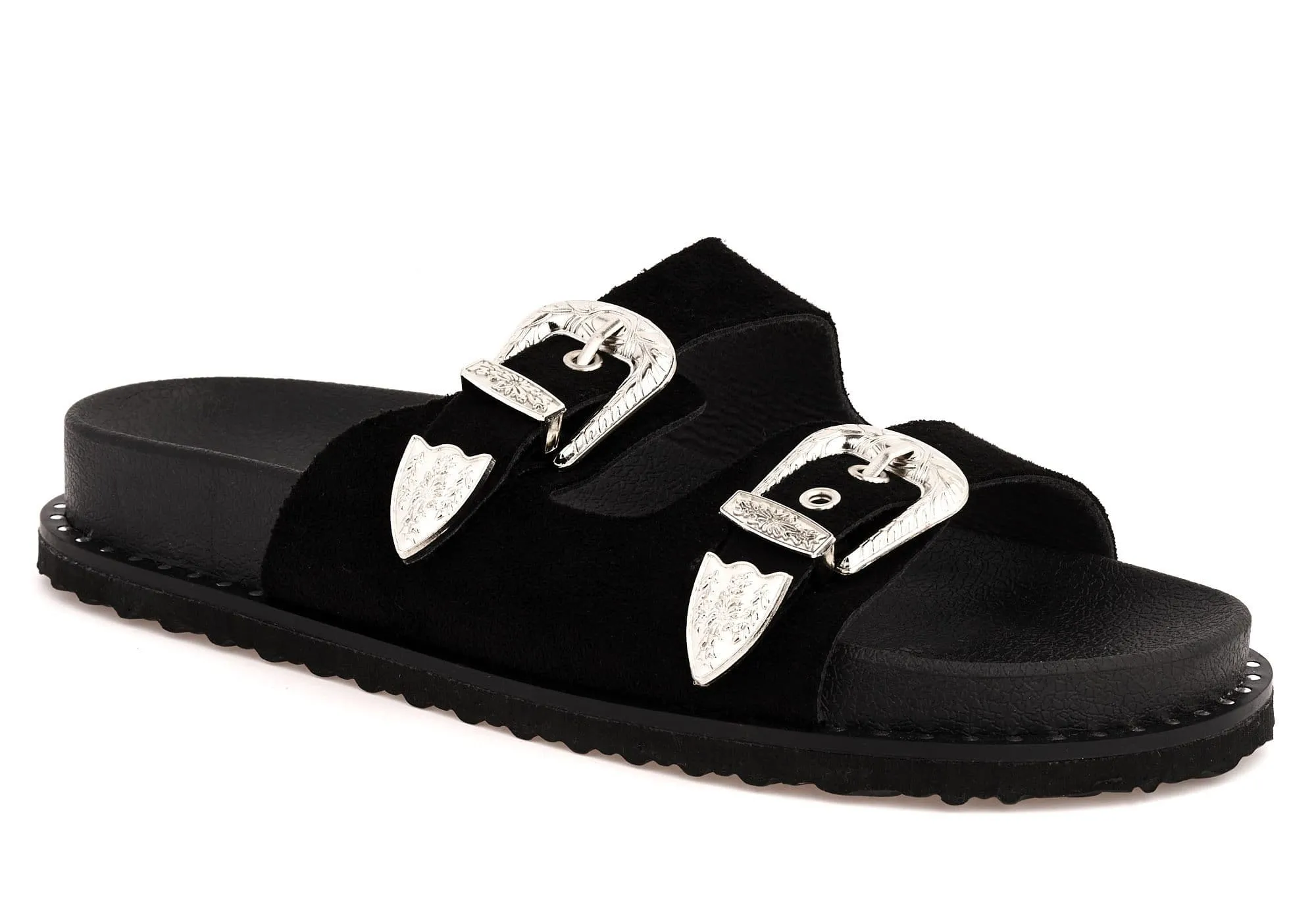 Who Knew 2 Strap Cowboy Buckle Slider in Black