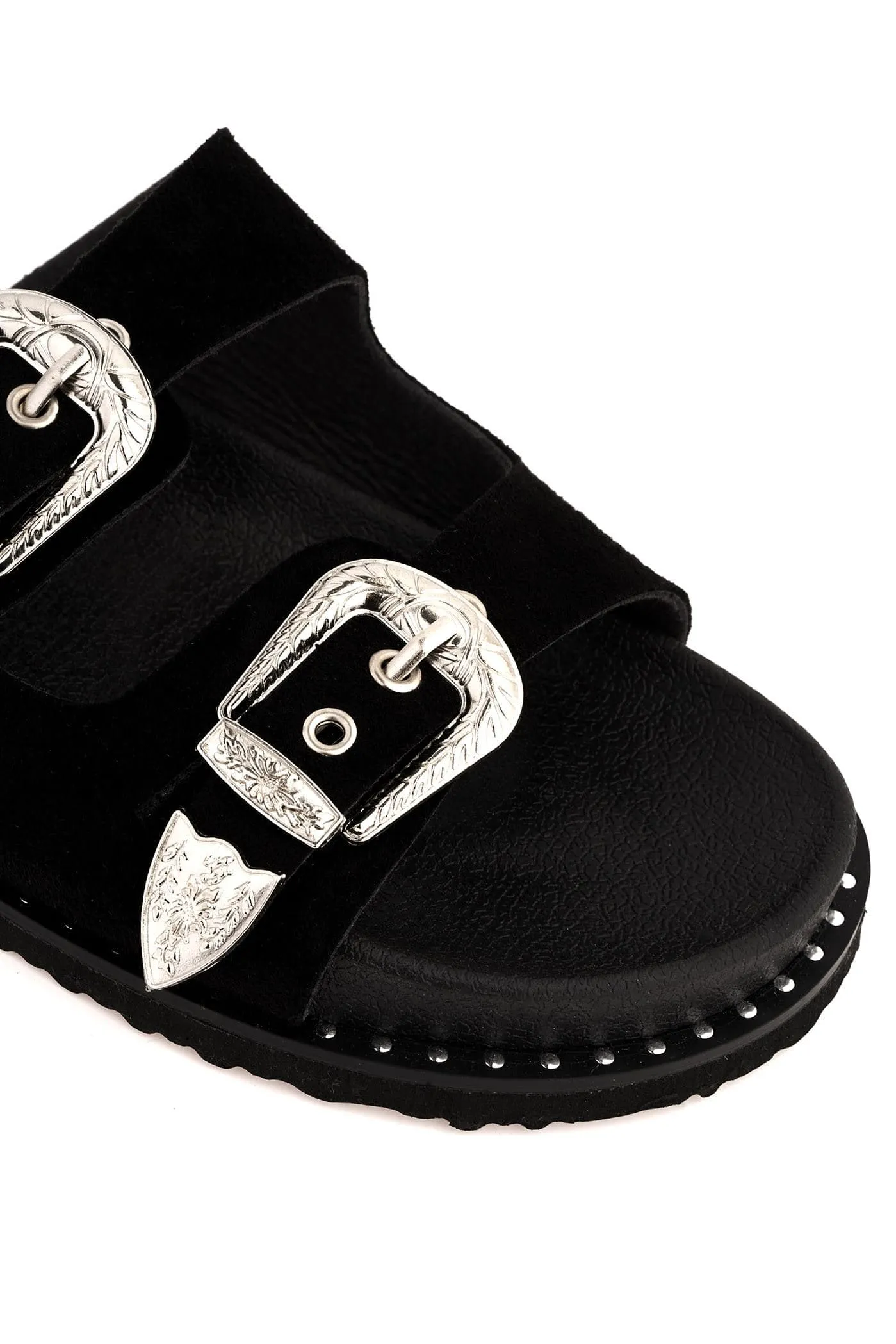 Who Knew 2 Strap Cowboy Buckle Slider in Black