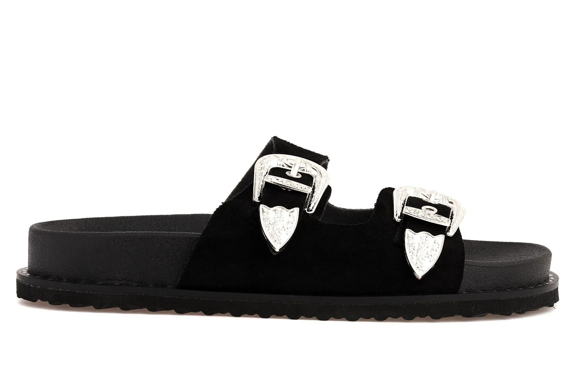 Who Knew 2 Strap Cowboy Buckle Slider in Black